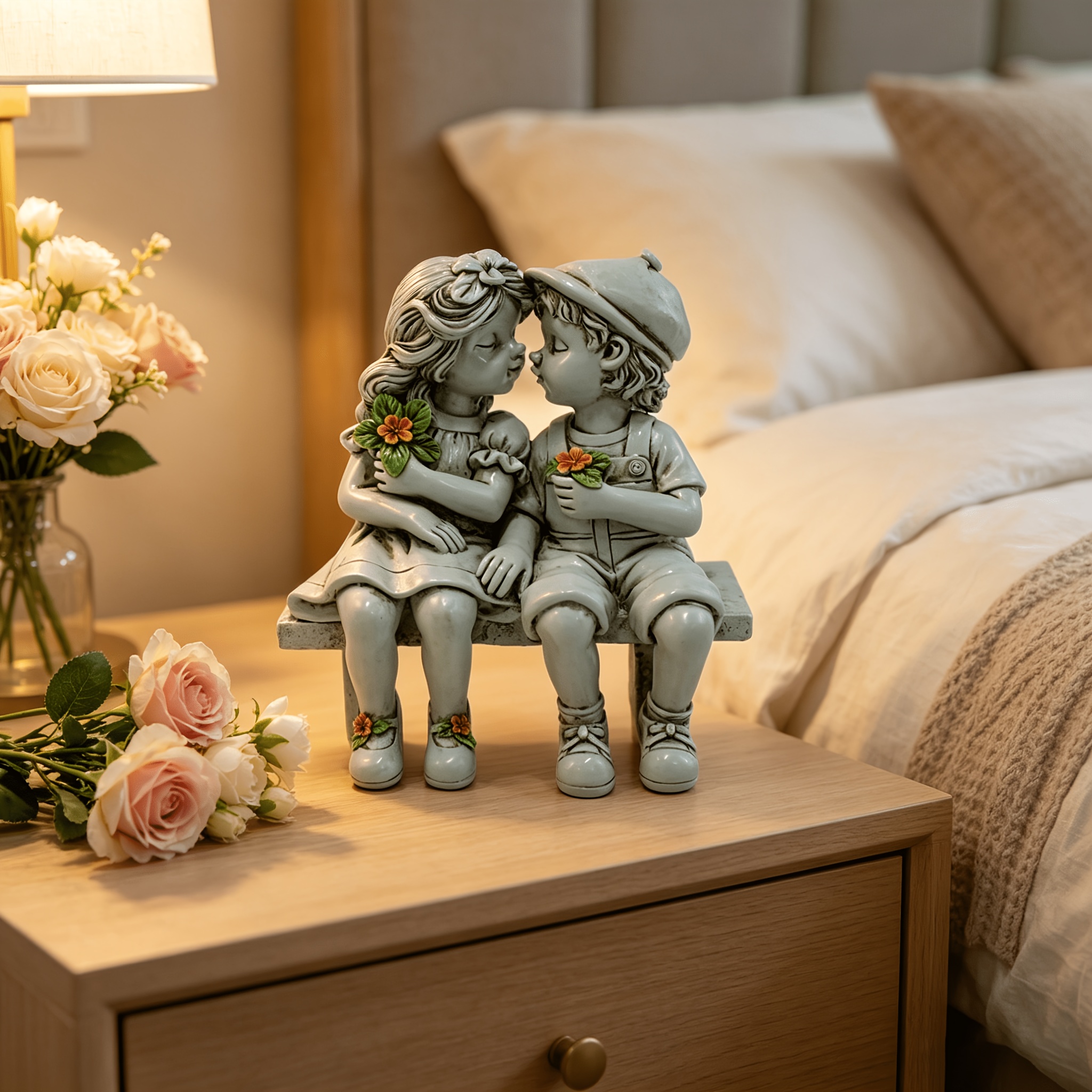 TEMU 1pc Couple Bench Statue Ornament, Resin Imitation Stone Aged Texture, Posture, Clothing And Floral Details Exquisite And Vibrant, Suitable For