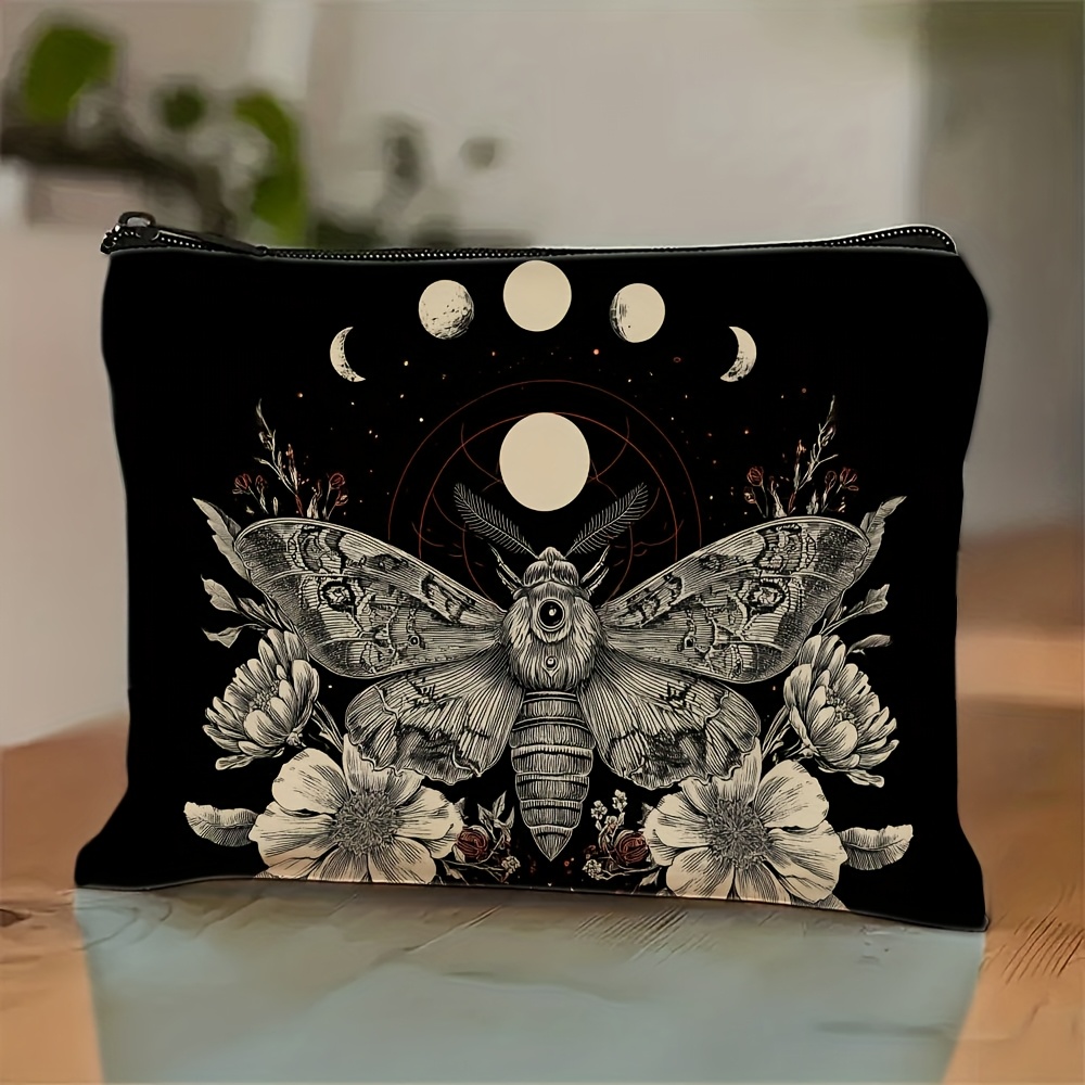 TEMU 1 Gothic Moth Makeup Bag - Mysterious Dark Aesthetic Cosmetic Storage Bag, Exquisite , Insect, And Starry Sky Patterns, Large-capacity Foldable