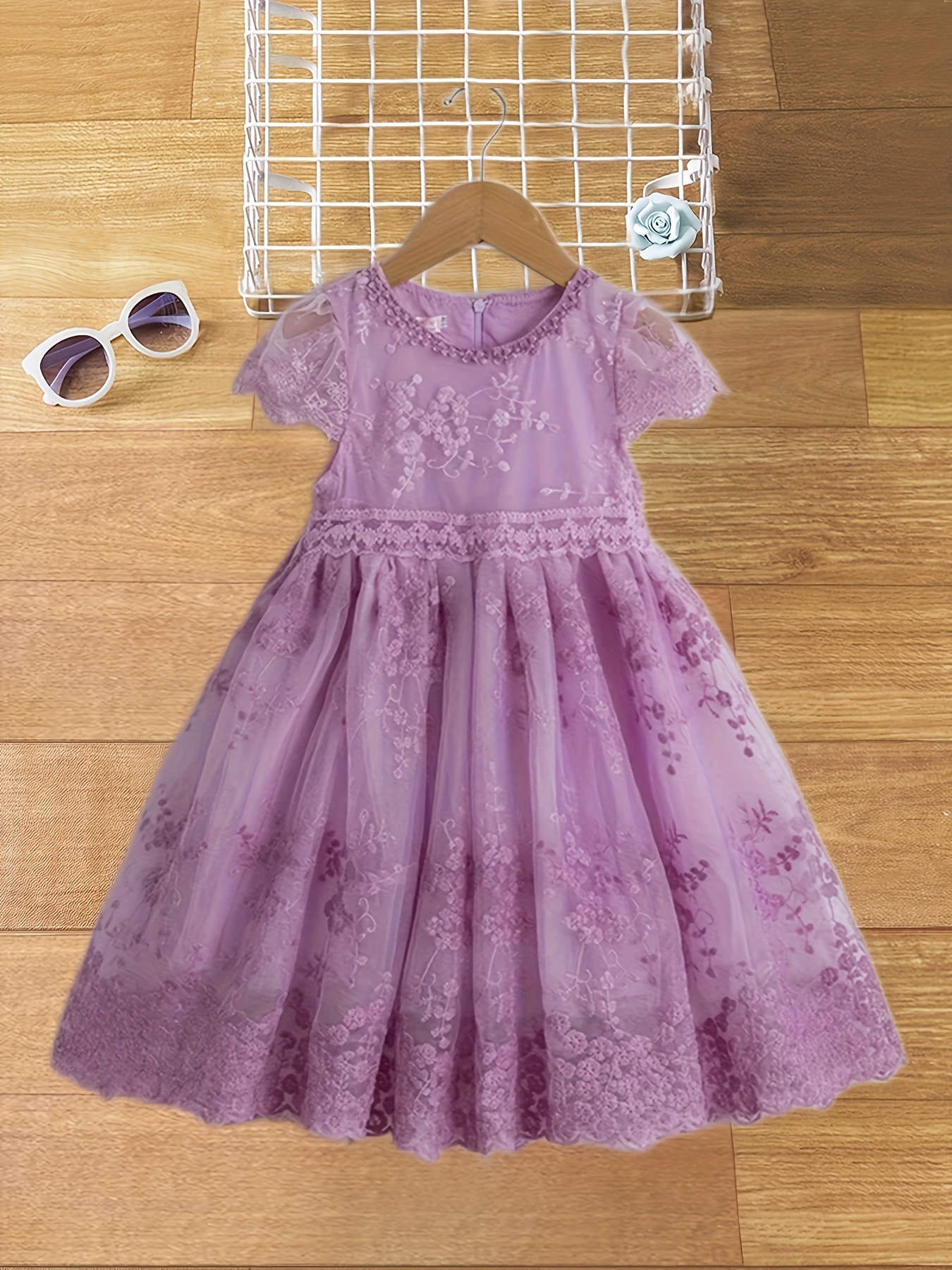 Girls Casual Flower Embroidery Short Sleeve Dress Elegant Mesh Dress For Summer Party Gift Holiday