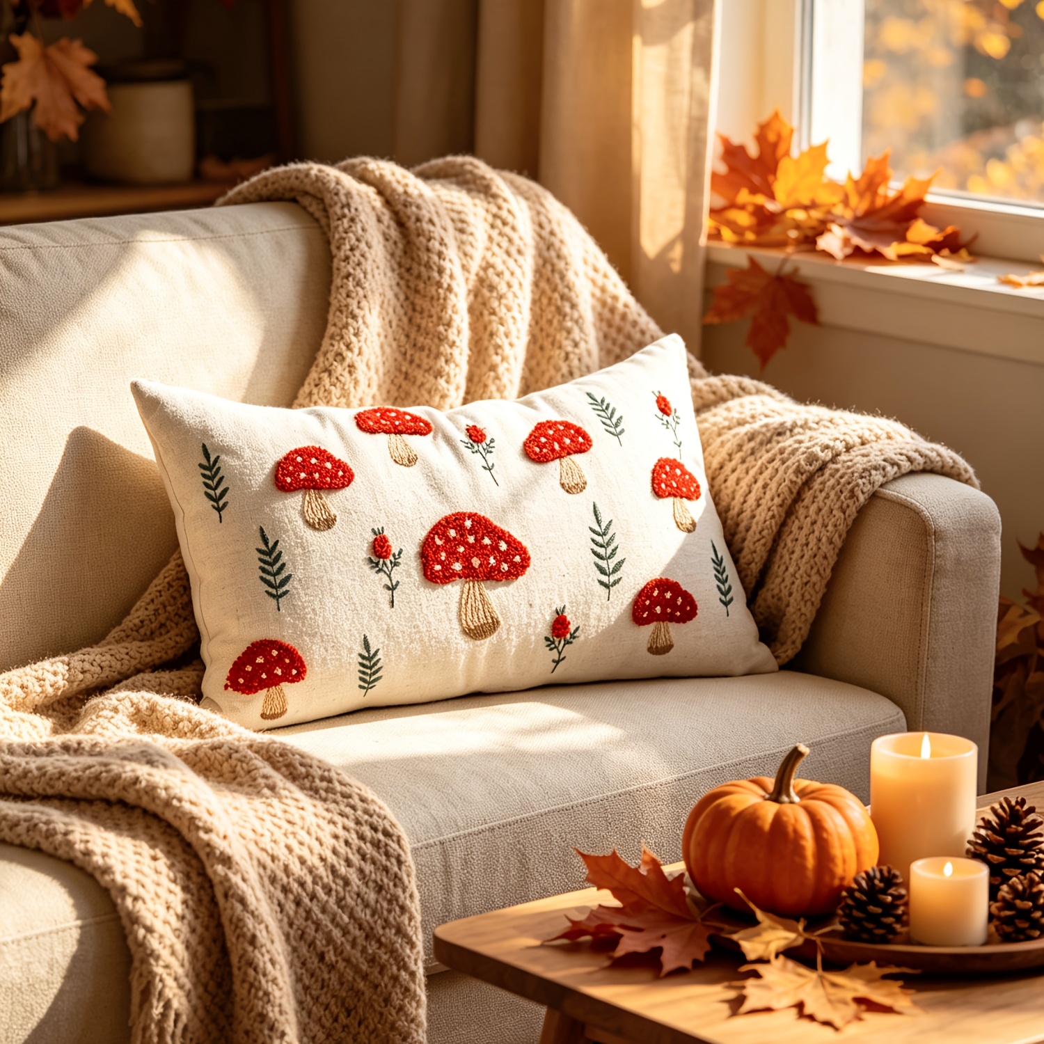 TEMU Taie d'oreiller vintage médiévale brodée de et de feuille d'érable | Housse de coussin décorative d'automne pour canapé, housse de coussin de