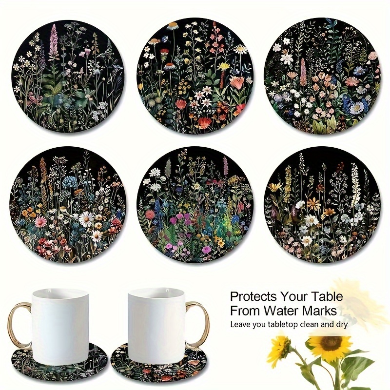 

A Set Of 6 Elegant Garden Coasters, Black Plant Pattern, Non-slip And -free Surface, Round Drink Coaster 3.74 Inches