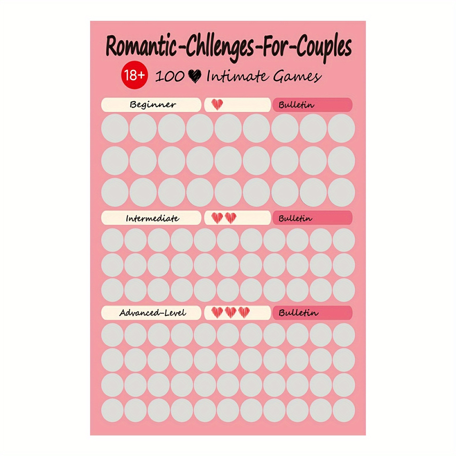 [2d flat] romantic couple games canvas poster - 100 intimacy challenge, frame, love and relationship theme, perfect anniversary gift, add   of couple relationships, 30.48x45.72cm, pink background with heart icons, pleasant event poster | intimacy theme | interactive experience,   decoration,   room decor 0