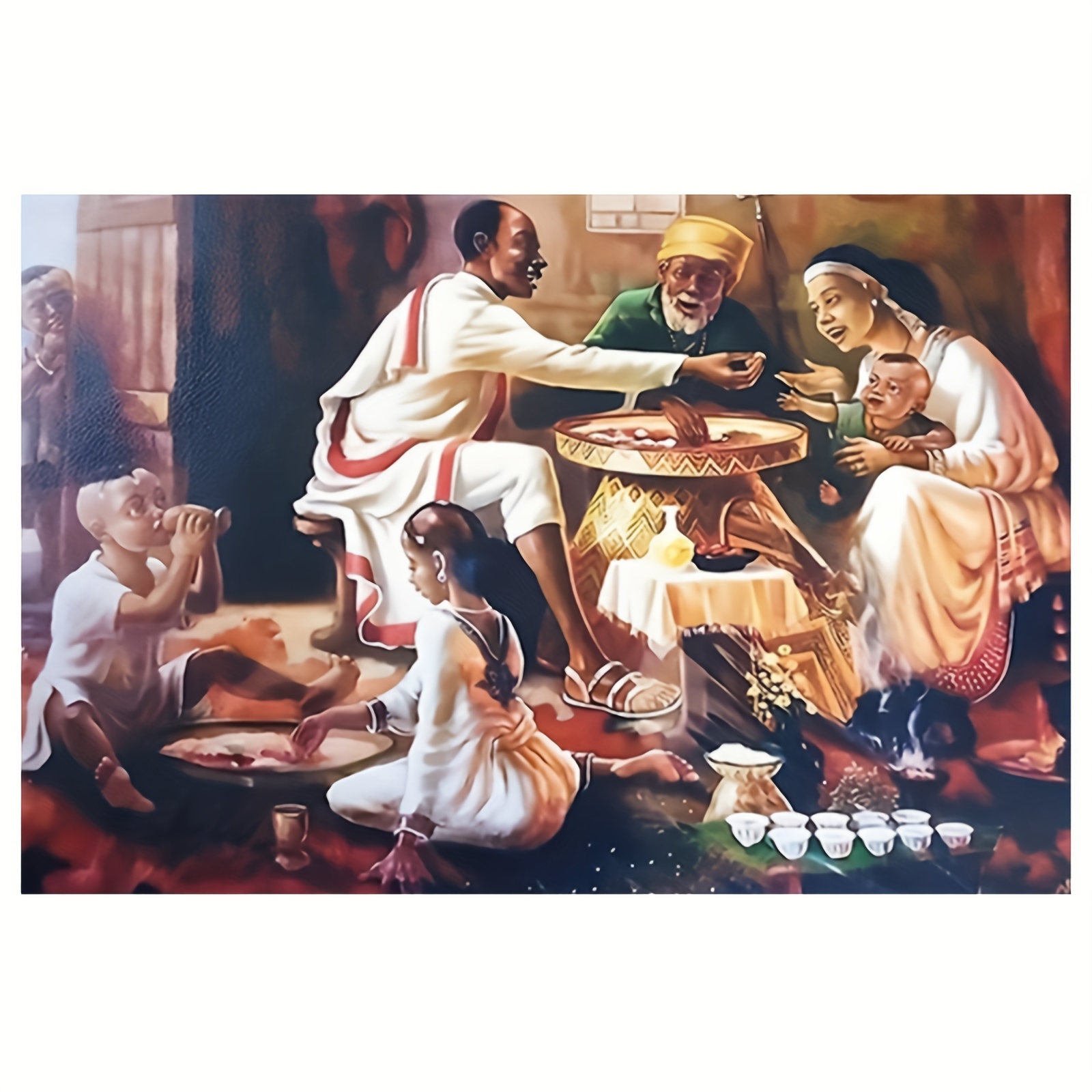 TEMU 2d Flat, 1pc Frameless Family Dinner Canvas Wall Art – Traditional African Gathering Scene, Vibrant Colors, 12x18 Inch, Cultural For Home Decor