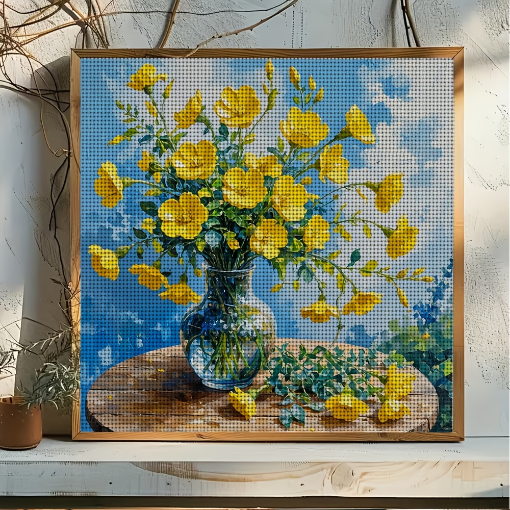 DIY Cross-Stitch Printed Kit, Frameless Yellow Flowers in Vase