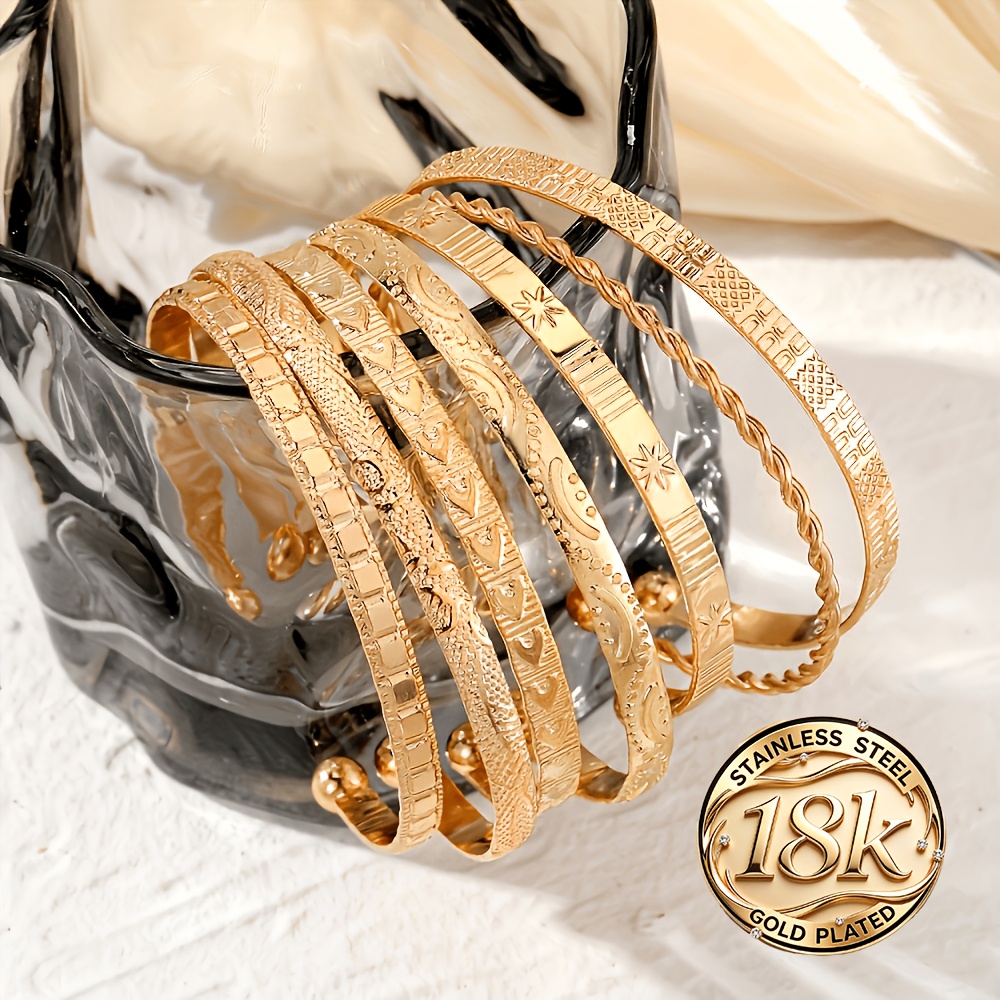 TEMU Simple And Elegant Star-shaped Twisted Cufflinks For Women, 7pcs Set, Golden Bracelet - With Text And Numeric Symbols, Suitable For Daily Wear