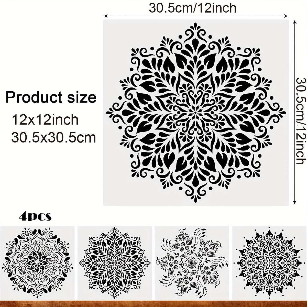 Image of 4pcs Large Mandala Craft Stencils Kit, Reusable Diy Drawing Painting Template For Wood Wall Art Design, Flowers Dotting Shapes Stencils For Painting On Tile Pillows Floor Decor