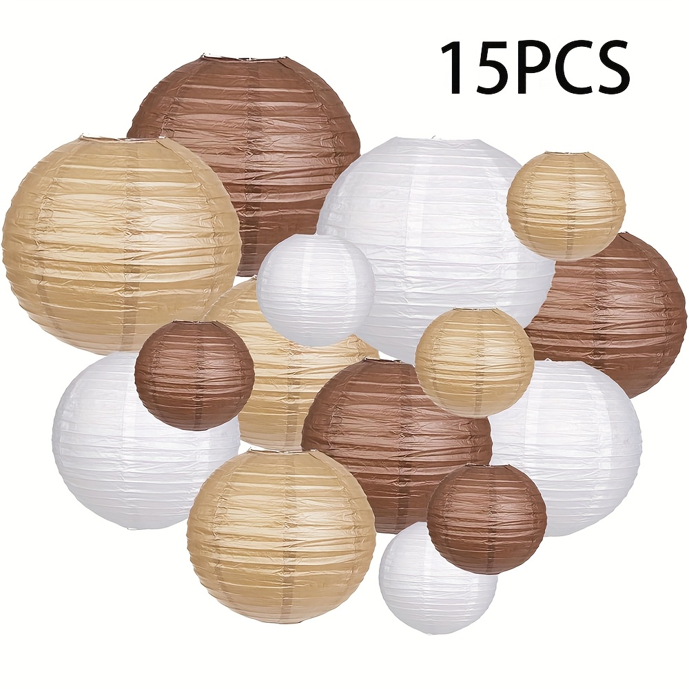 Image of Set Of 15 Bohemian-style Brown Paper Lanterns, Measuring 9.84 Inches To 5.91 Inches, Featuring Of Coffee, White, And Khaki Colors. Ideal For Autumn Birthday Celebrations, , And Courtyard Decorations