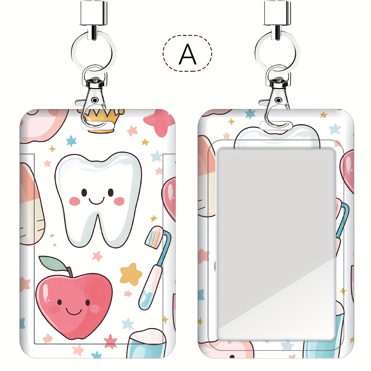 TEMU Porte-Badge de la Série Soins Dentaires avec Lanière - Motif de Dents en Dessin Animé, Étui à Cartes en Plastique pour Médecins, Infirmières et