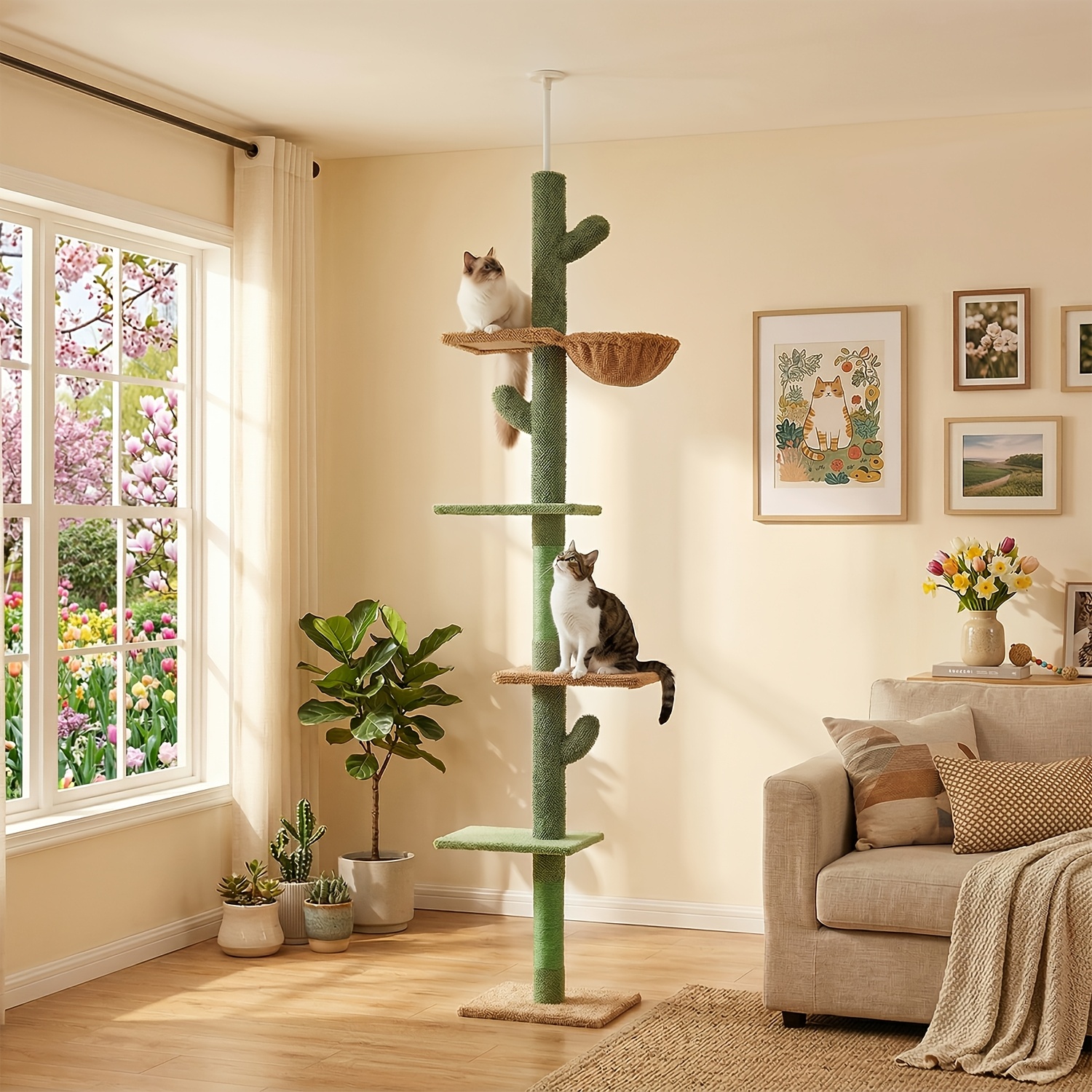 TEMU 90-107" Floor To Ceiling Cat Tree Tower 4 Tier Tall Cat Climbing Posts Adjustable, Gray, Black, Khaki