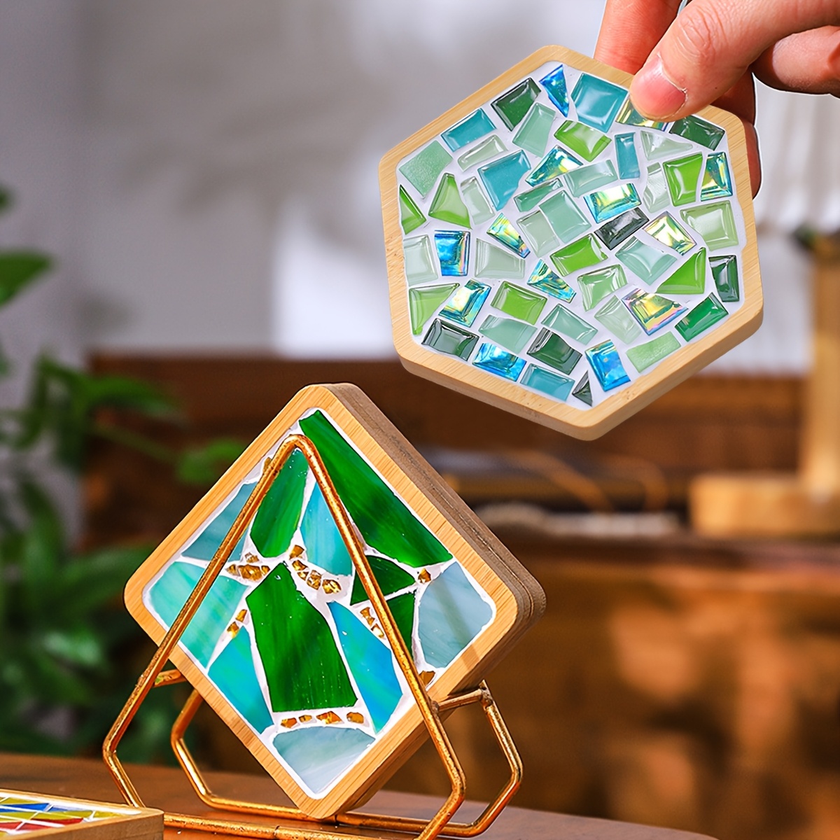 DIY Mosaik Untersetzer Kit  Komplettes Bastelset Fr 2  Glasfliesen-Untersetzer Mit Bambusbasis, Fugenmrtel & Werkzeugen,  Kreatives Hobby-Geschenk Fr Erwachsene & Teens