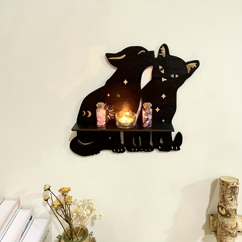 

1pc Rustic Black Cat Wall Shelf, Crescent Moon Phase Floating Display, Wooden Chakra Crystal Stand, Witchy Home Decor, Wall Art