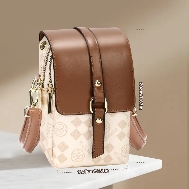 2025 new womens multi layer lightweight crossbody bag large capacity coffee linen shoulder bag with zipper closure stylish checkered pattern hardware for travel work versatile travel accessory modern checkered design hardware Product details 2