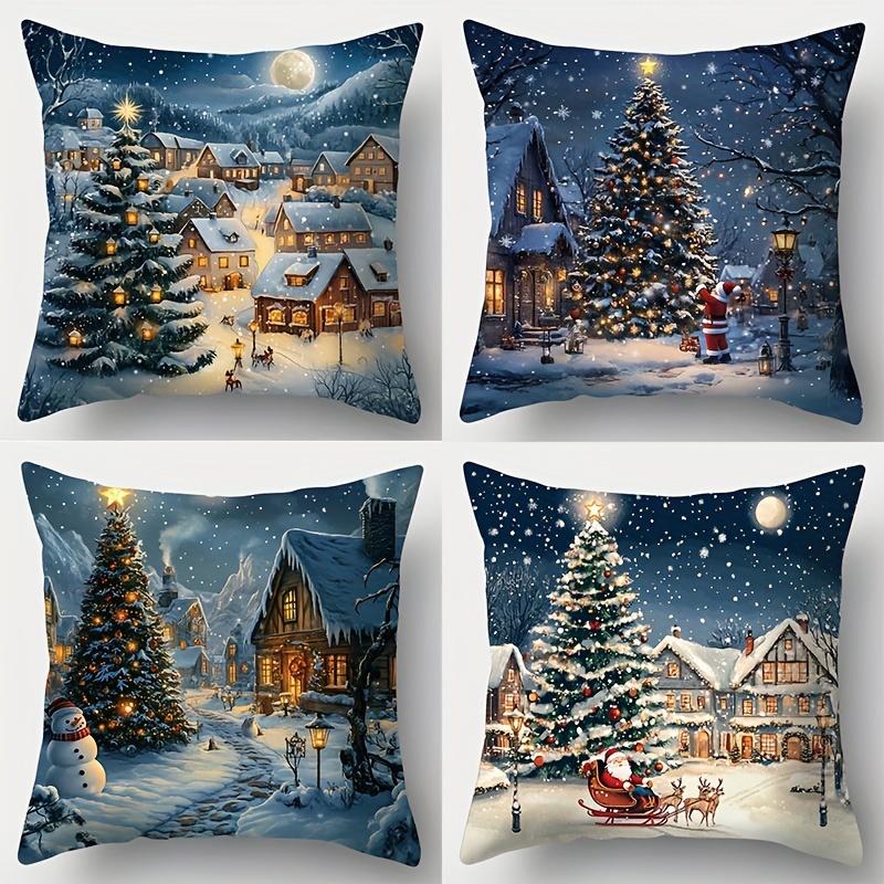 

Contemporary Style Christmas Throw Cushion Covers 4pcs Set, 17.72" Woven Polyester Zippered Cases, Hand Wash Only, Print For Living Room Sofa And Bedroom Decor - Insert Not Included