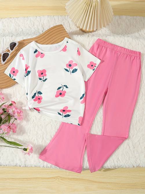 girls spring and summer cute flower print round neck t shirt fashion casual flared pants 2 pack for outdoor