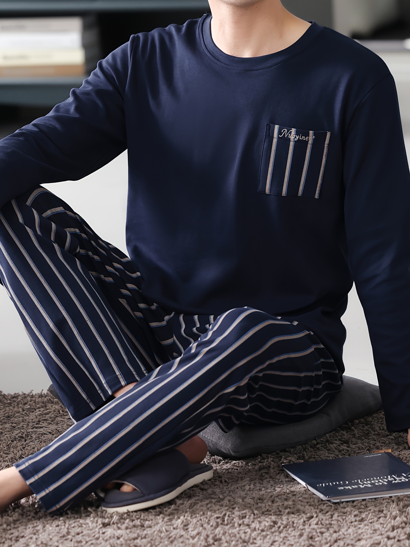 Men's Navy Blue Cotton Pajama Set - Long Sleeve, Crew Neck with Chest Pocket & Striped Elastic Waist Pants, Casual Comfortable Loungewear for Spring/Autumn, Plus Size Available, Plus Size Pajama Set