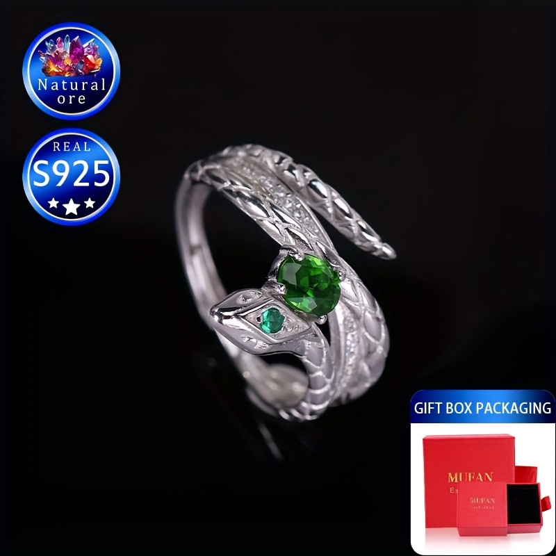 S925 Silver Adjustable Green Gemstone Ring