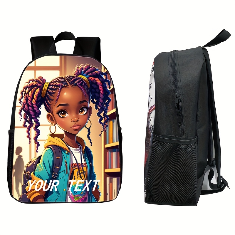 African Girl Backpack with Book Corner Print - Large Capacity Lightweight School Bag, Adjustable Straps & Tablet Compartment, Durable Zipper Closure, Hand Wash Only, Everyday Carryall | Personalized Text Area | Secure Storage, Backpack for School - Image 2