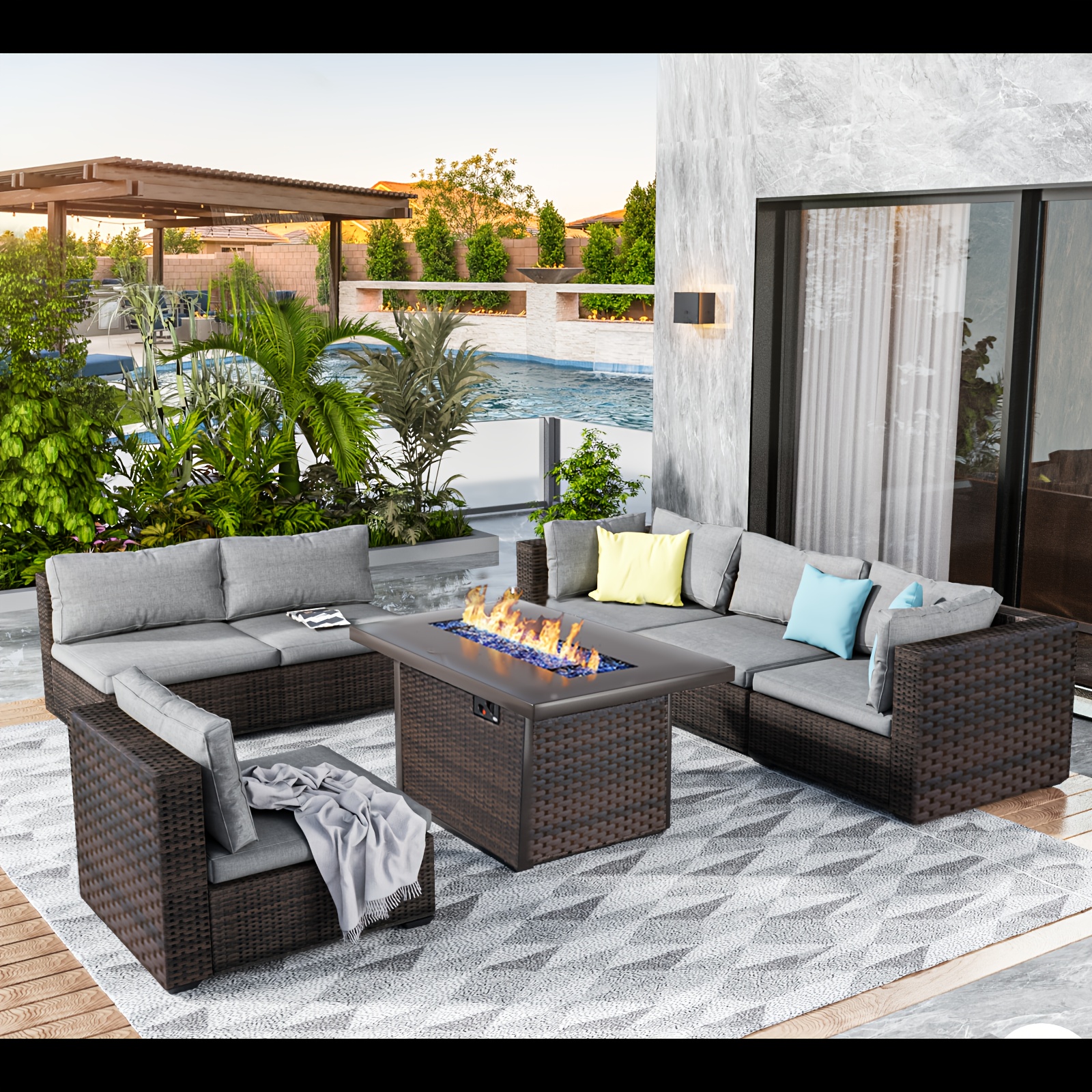 

7 Pieces Outdoor Sectional Patio Furniture Set With Fire Pit Table Pe Rattan Wicker Patio Sectional Conversation Set With Cushions