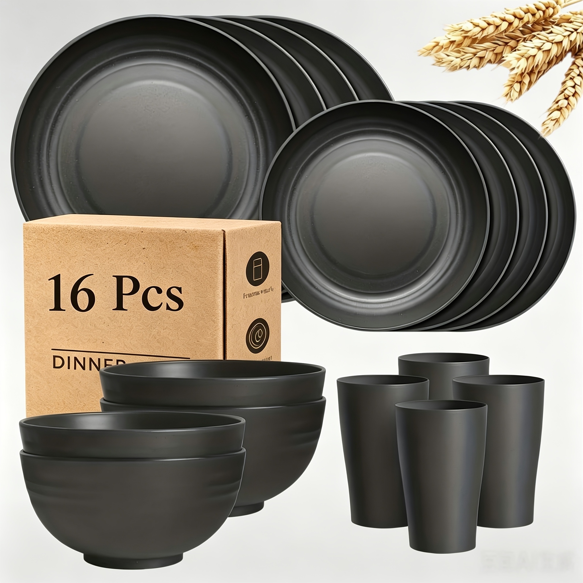 TEMU 32/16pcs Camping Wheat Straw Large Size Dinnerware Set, Service For 8, Lightweight Outdoor Camping Plates, Durable Dish Set-plate/dessert