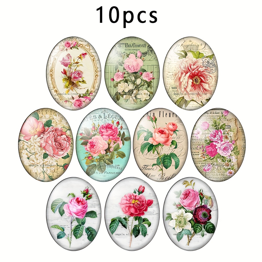 Image of 2d Flat - 10pcs 18x25mm Flowers Art Paintings Oval Photo Glass Cabochon Demo Flat Back Making Findings, Ideal Additions For Necklace, Keychain, Jewelry Making