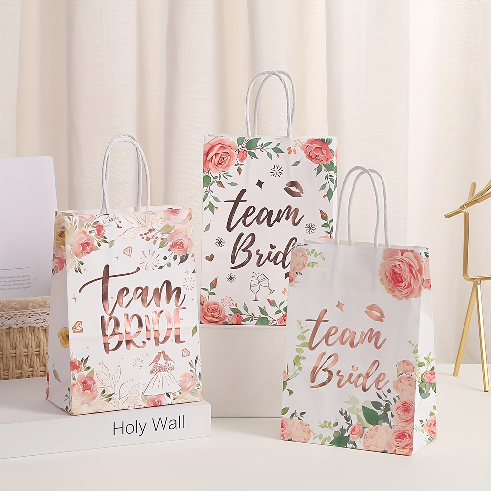 

12pcs Team Bride Floral Gift Bags, Elegant Rose Pattern Paper Party Favor Bags For Wedding Snacks And Presents