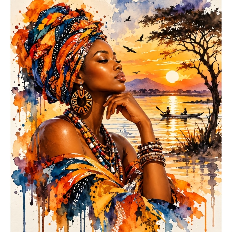 TEMU African Woman, 2d Flat Printing Frameless Round Diamond Painting Kit - Diy Art Experience And Stress- Craft For Adults And Beginners - Perfect