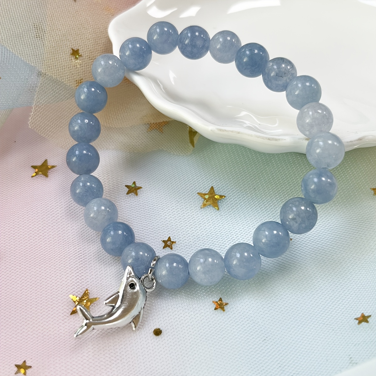 Ocean Themed Natural Aquamarine Dolphin Pendant Bracelet