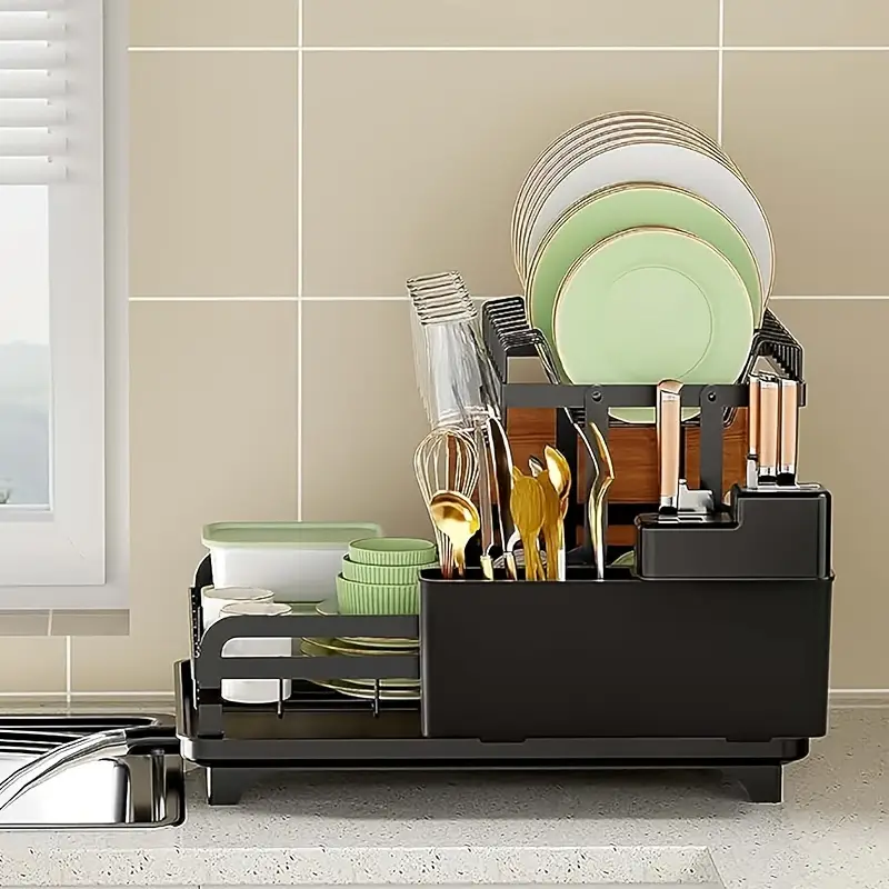 2 tier dish drying rack kitchen counter detachable dish drainer with utensil holder and cup rack black plate rack large racks anti rust collapsible Product details 5