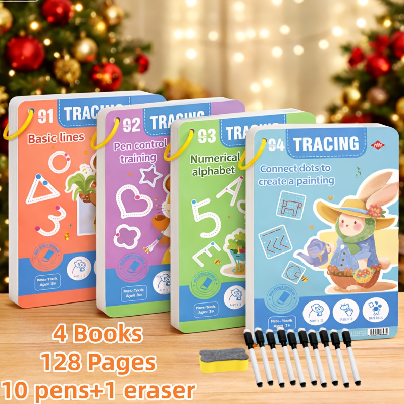 128-page Copybook Set With 10 Pens - Learning Ages 3-6, Number & Alphabet Writing Workbook, Abc & 123 Practice Book, Reusable Activity Book For Hand-eye Coordination & Fine Motor Skills