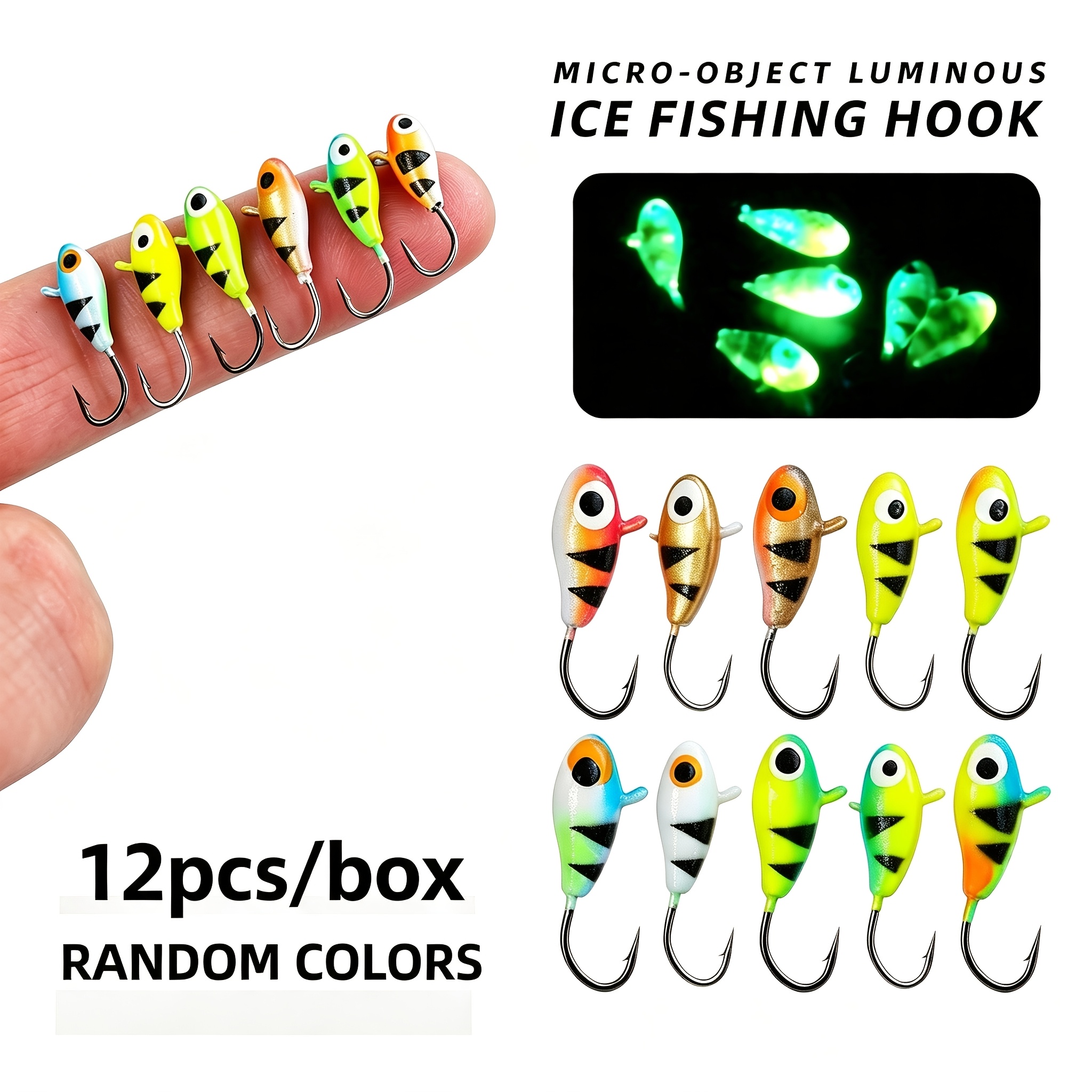 TEMU 12pcs Boxed Mini -the- Fishing Hooks Hole Micro Lure Fake Bait Metal Luminous Small Fish Bait Freshwater Winter Fishing Perch White Stripe