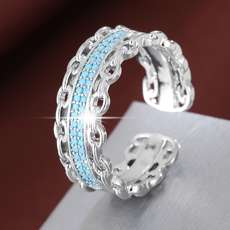 Adjustable Double Chain Open Ring with Zirconia Stones