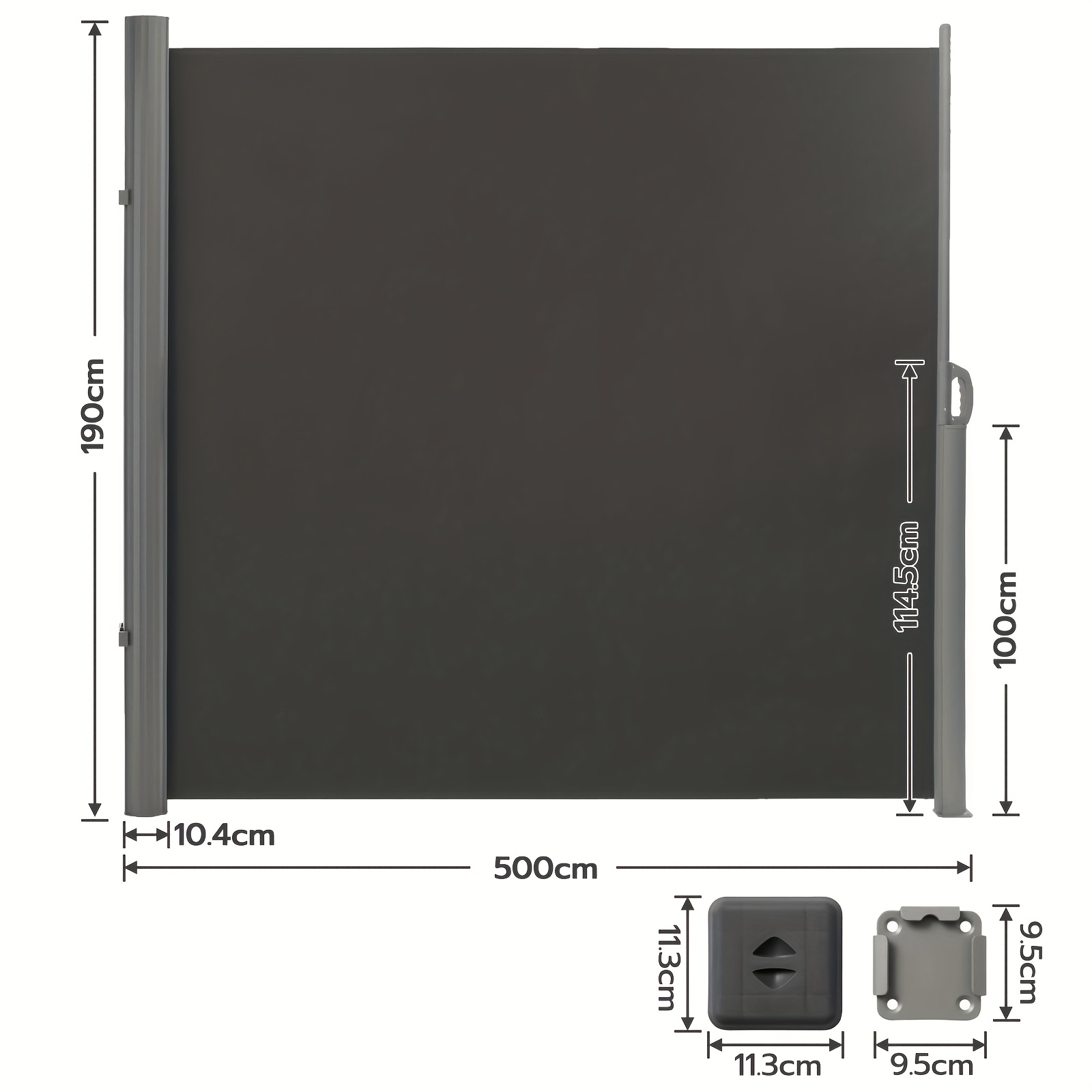 Retractable Privacy Screen, 190 X 500 Cm Patio Side Awning, Aluminum Frame, Suitable For , Patios And Gardens, Black, Dark Gray
