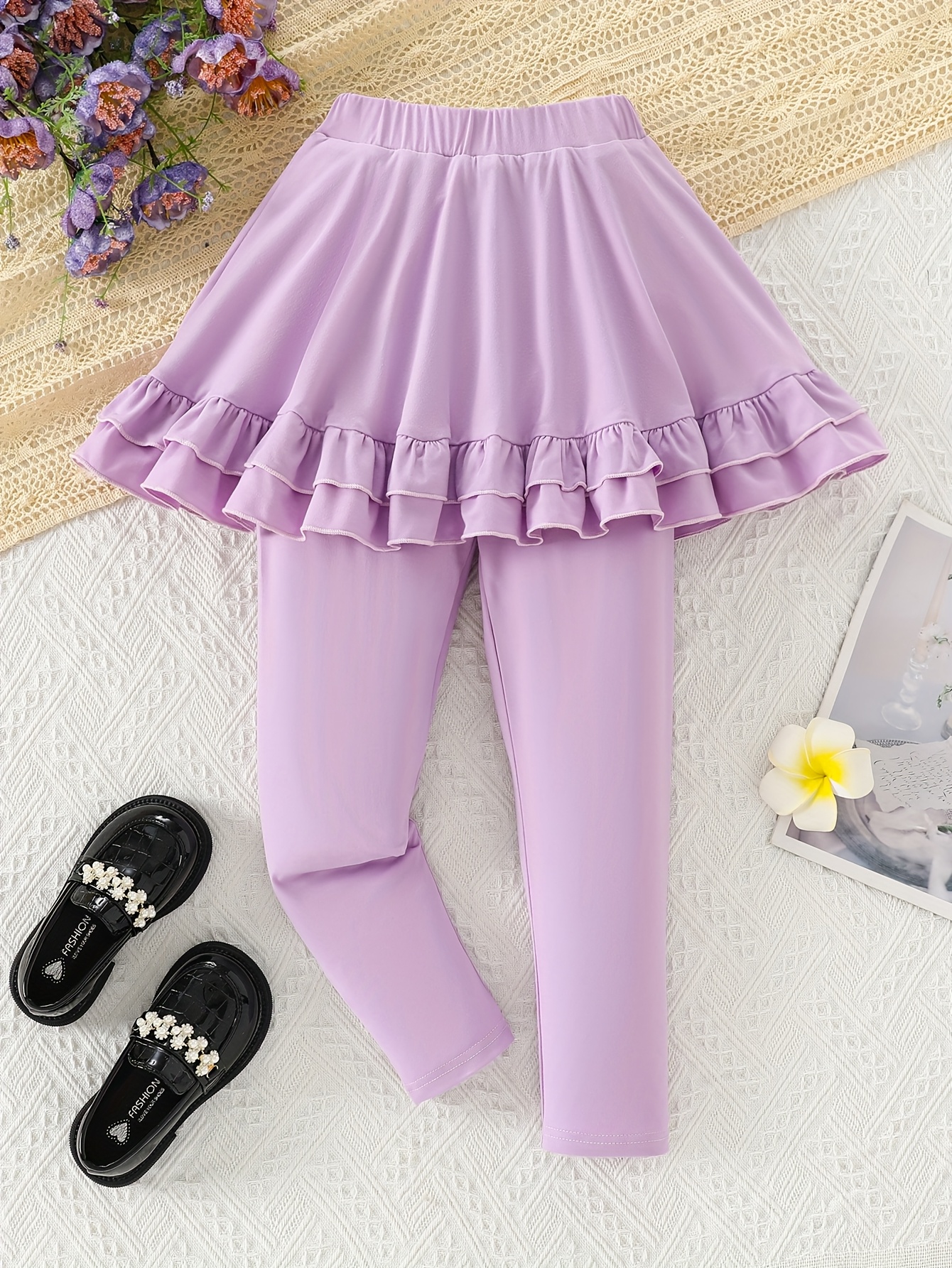 girls black stretchy skort leggings fluffy ruffle - Temu United