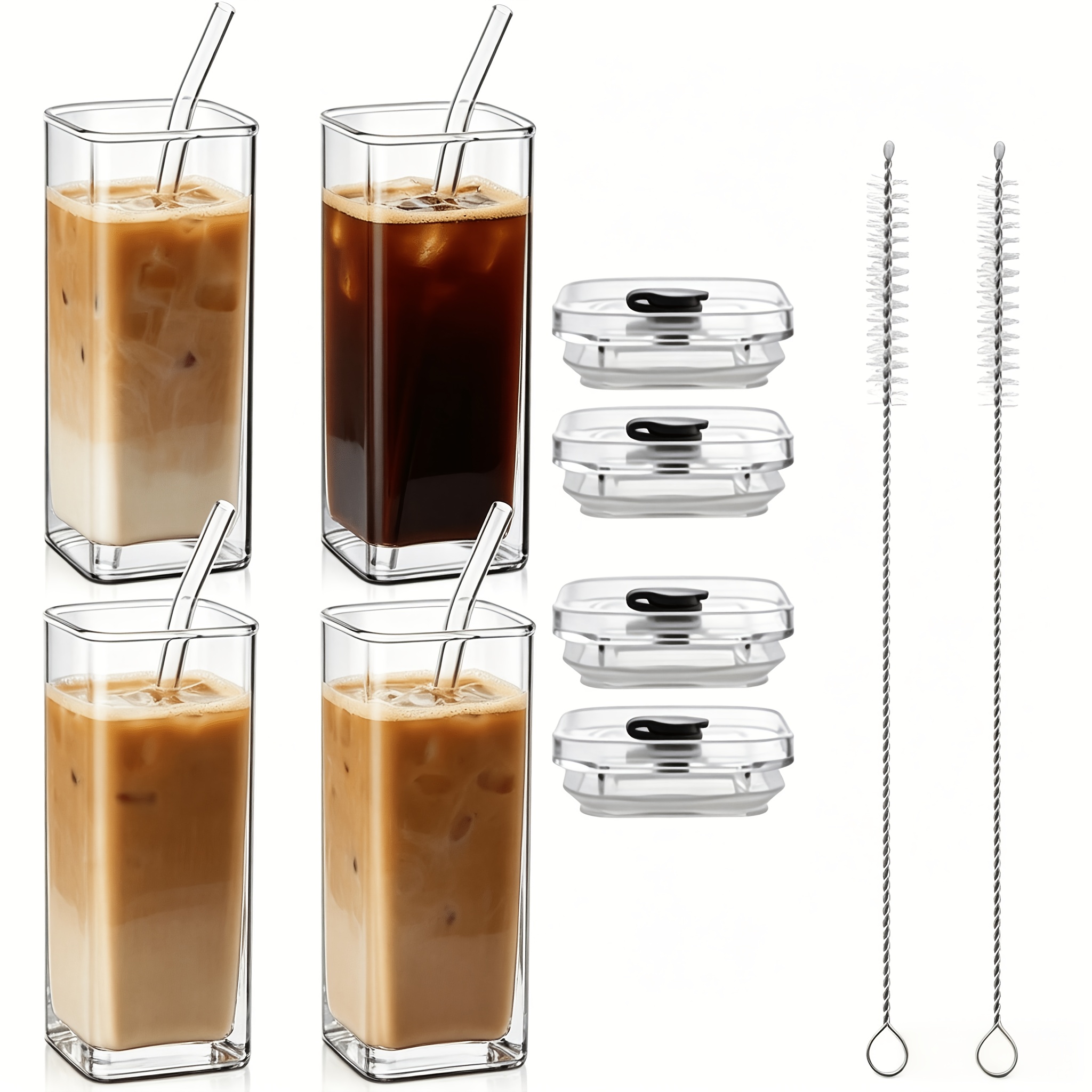 TEMU 4pcs Square Glass Cups With Lids, 13oz Capacity, Cups, Comes With Straws. Great Gift For Cup Collectors. Suitable For Office, Home, School And