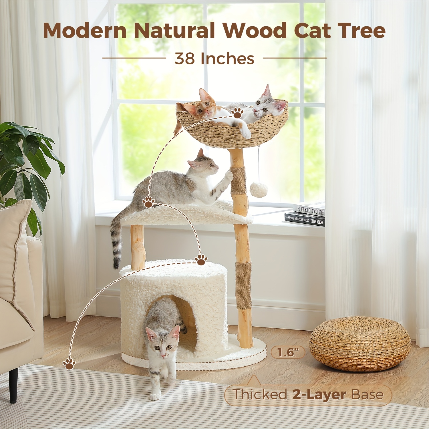 40 inch modern multi level cat tree tower for indoor cats real branch cat condo with scratching post jumping platforms perches climbing walls cozy hideouts suitable for indoor cats cat tree for cats kittens Product details 0