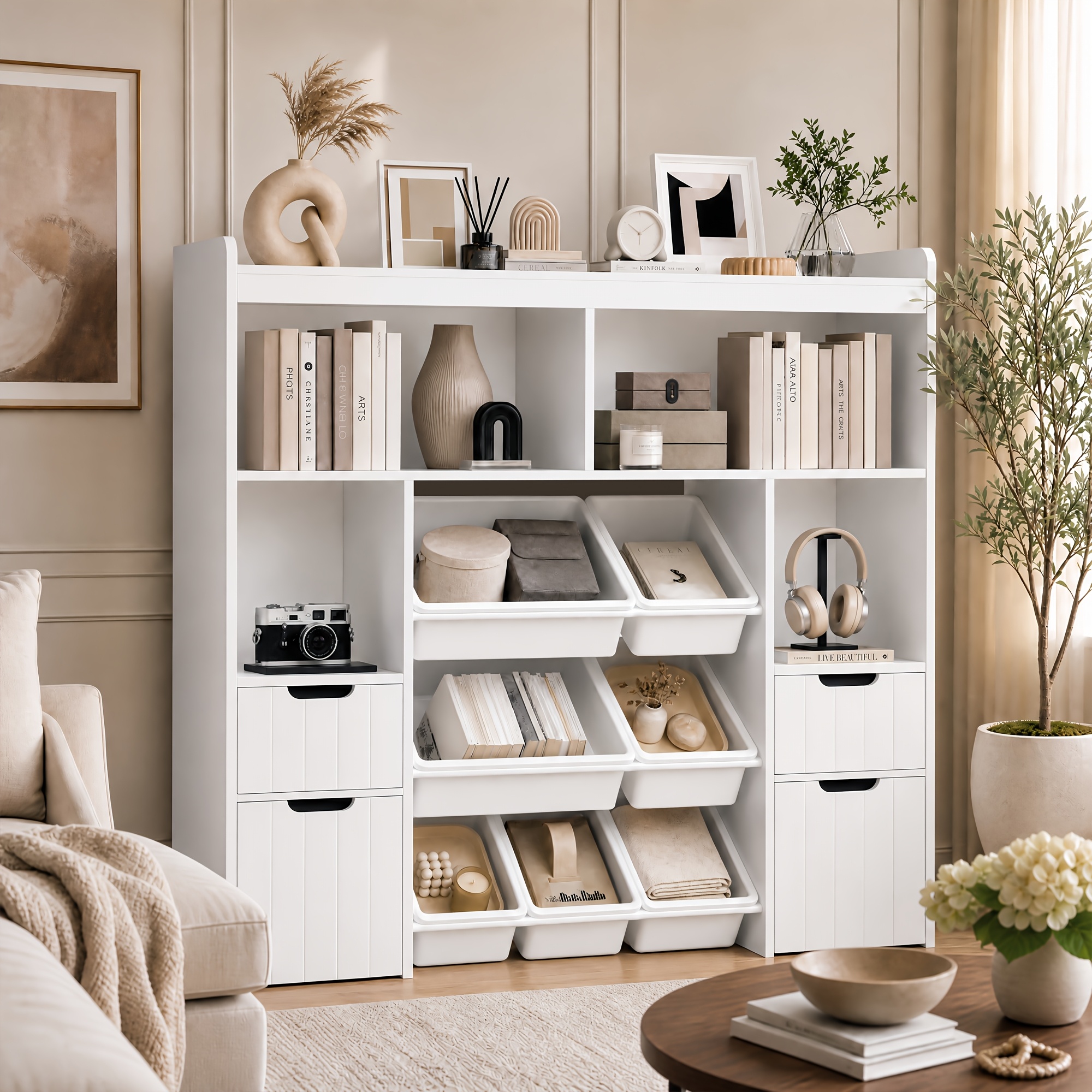 Image of Kealive 4-tier White Bookshelf With Drawer And Wheels, 120cm Office Storage Cabinet With Diy Pp Bins, Freestanding Bookcase For Home Office Living Room