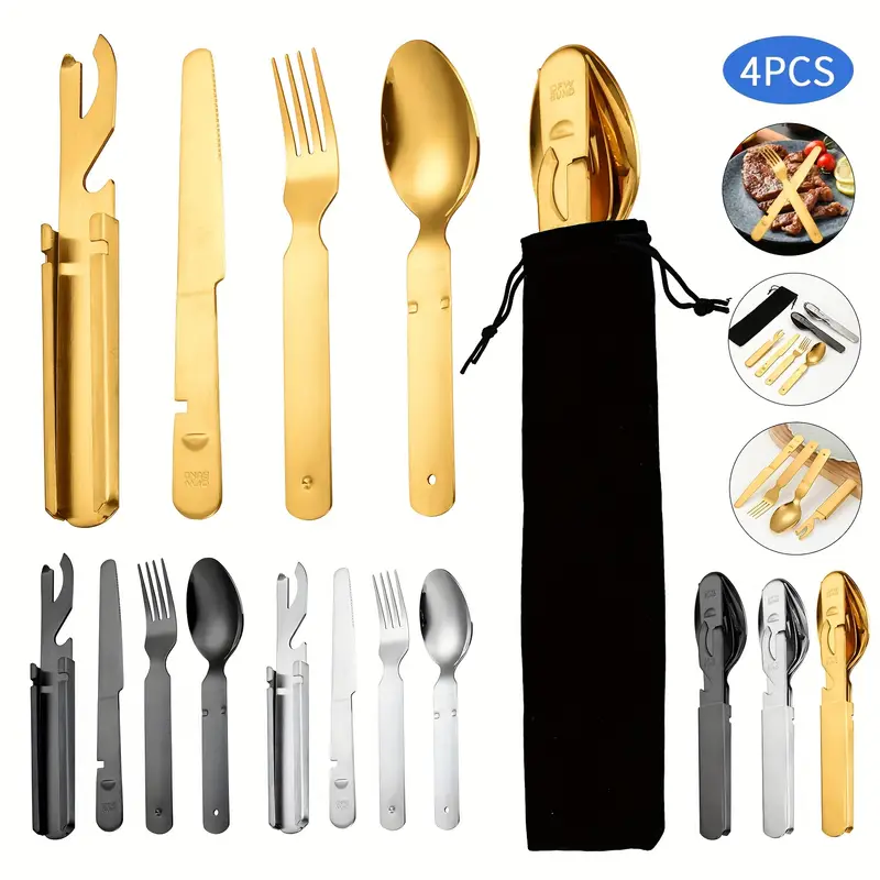 personalized customization 4pcs stainless steel portable outdoor tableware set suitable for travel with knife bottle opener and storage bag outdoor combination tableware camping outdoor travel and silvery Product details 8