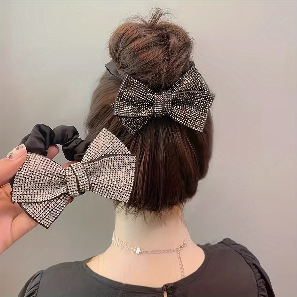 

Elegant Bow Tie Hair Rings Set Of 2, Fabric Hair Bands With Rhinestone Accents, Christmas Gift For Women, Stylish Ponytail And Bun Hair Accessories