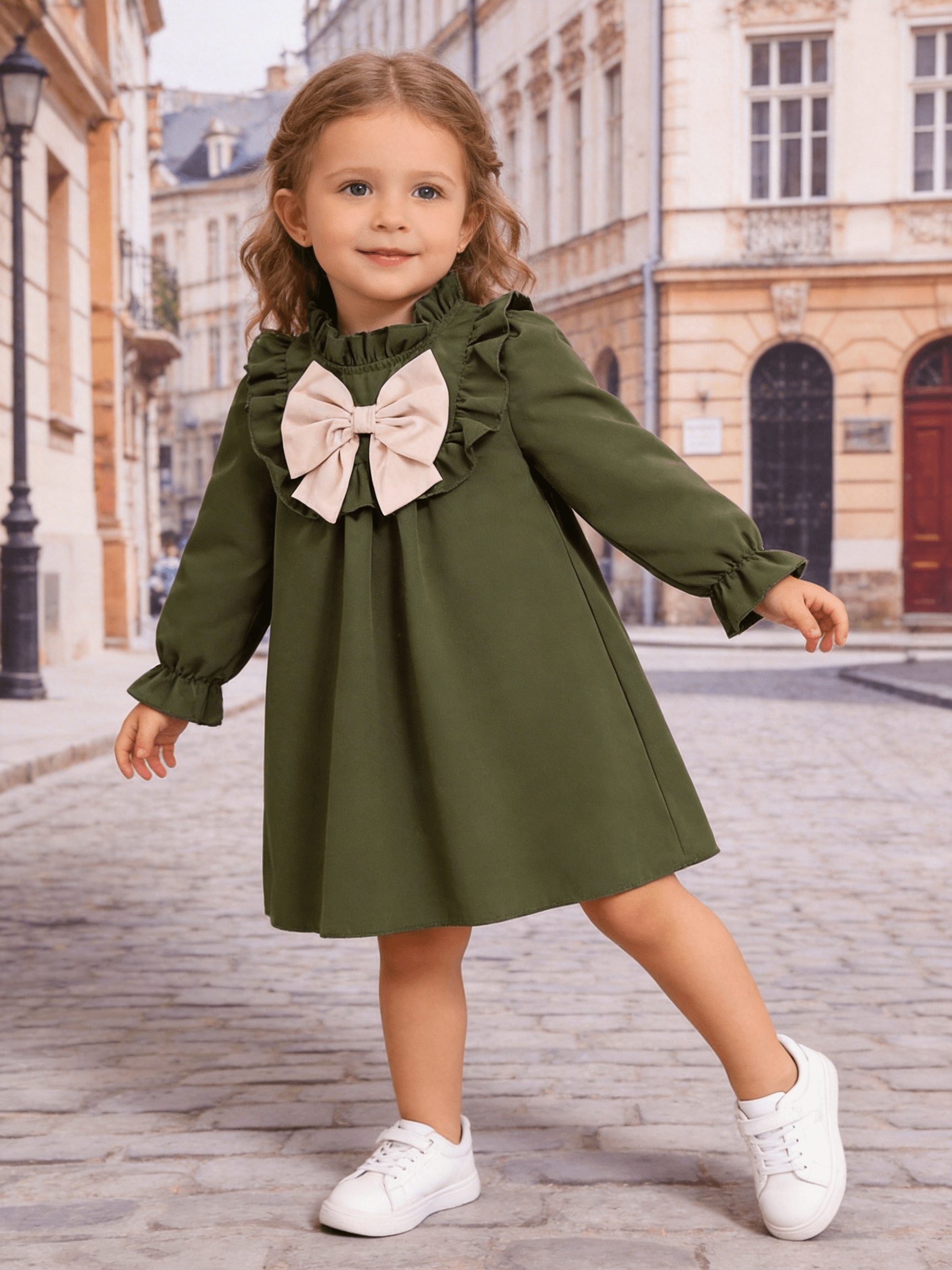 Baby Girls Spring Autumn Solid Sweet Bow Decor Green Ruched Comfortable  Long Sleeve Cute Dress Toddler Kids Outing Playwear