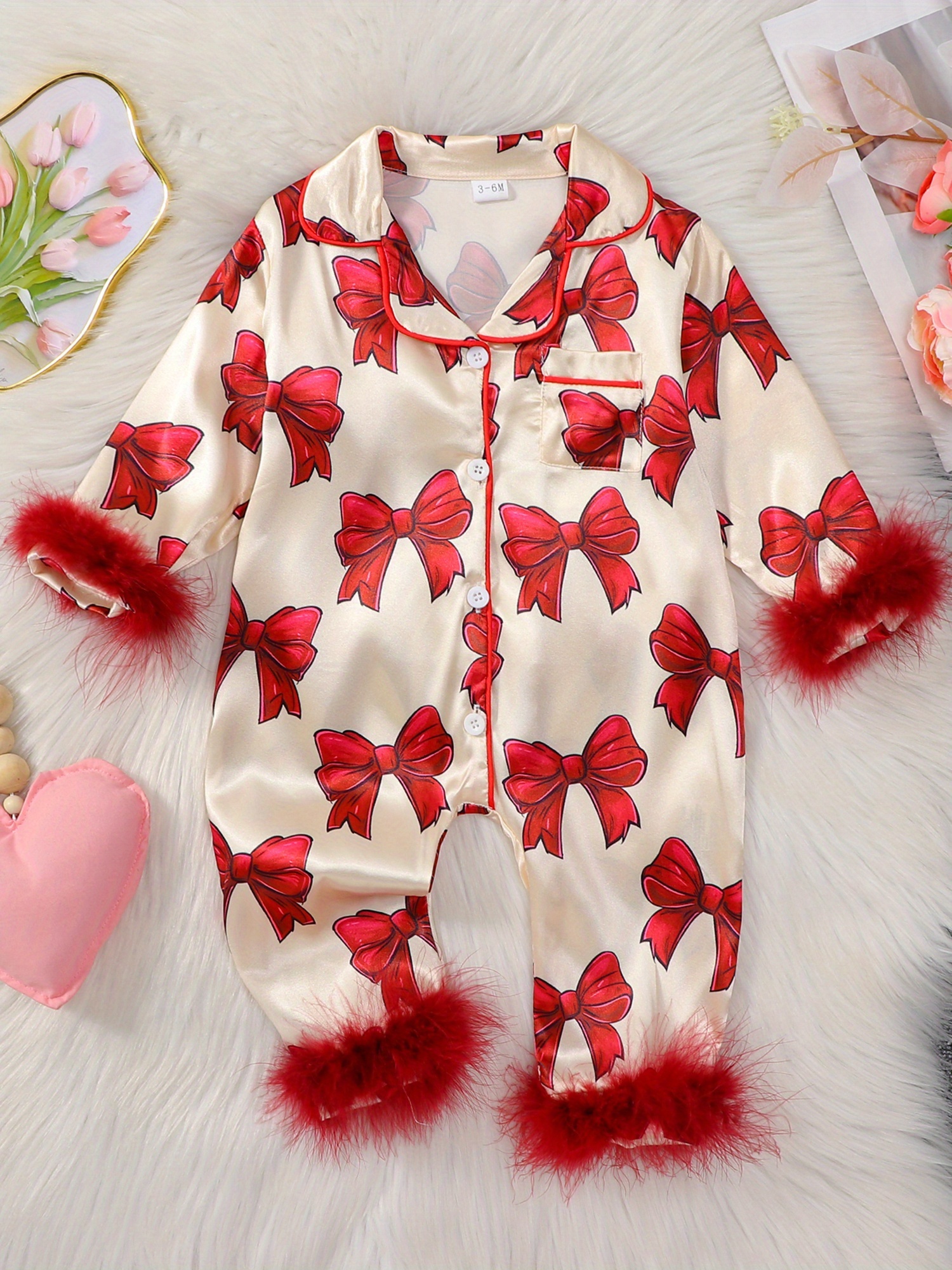 adorable print girl romper with fluffy trim & button closure - long sleeve jumpsuit for summer, soft polyester fabric, casual wear, easy dressing romper | floral romper | , outdoor | Shop Trends | Temu
