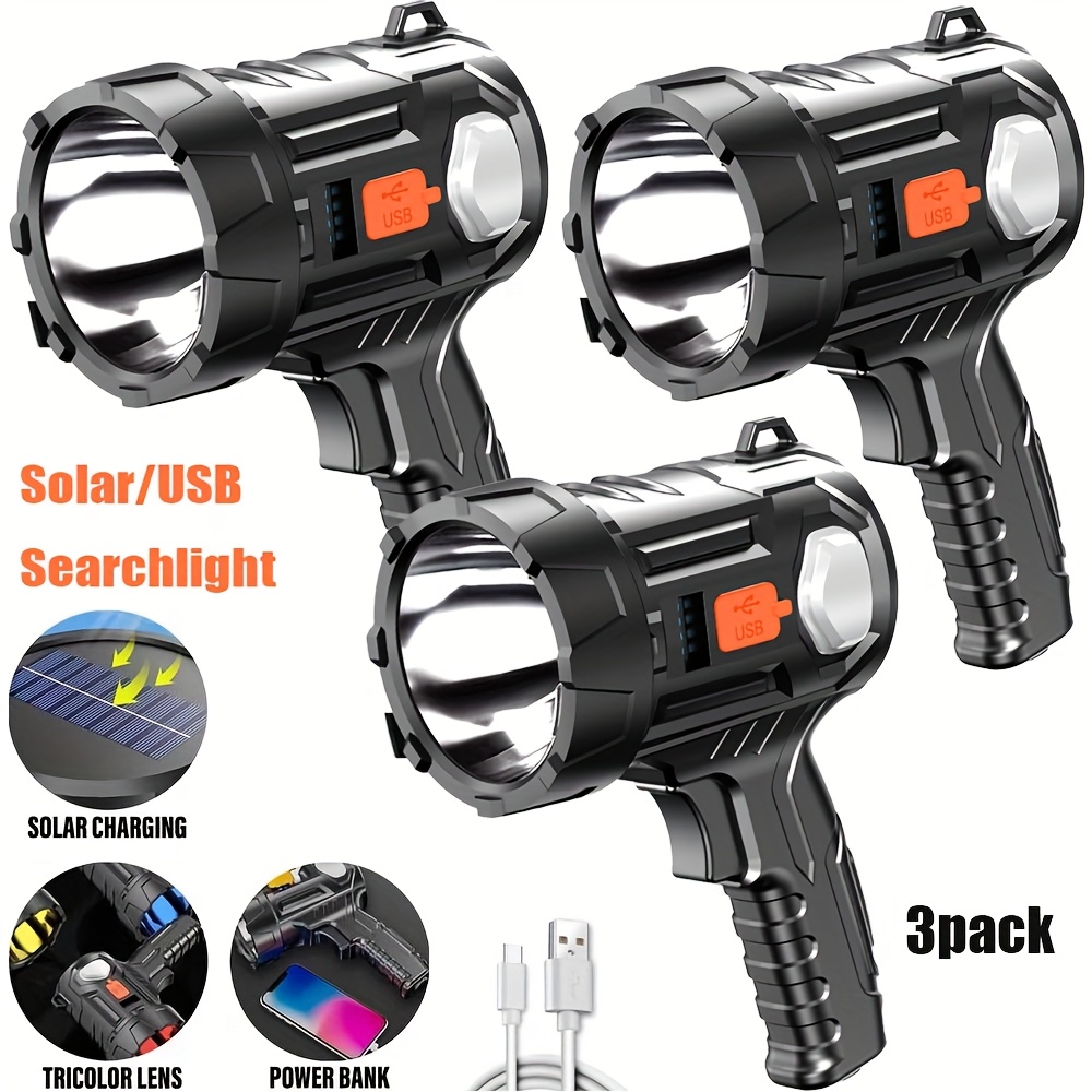 TEMU 3pcs Rechargeable Spotlight Flashlight, With 3 Color Filters, 6 Lighting , Handheld Led Torch With Usb Cable, Ideal For Boating, Hunting, Camping, Home Lighting, Without Battery