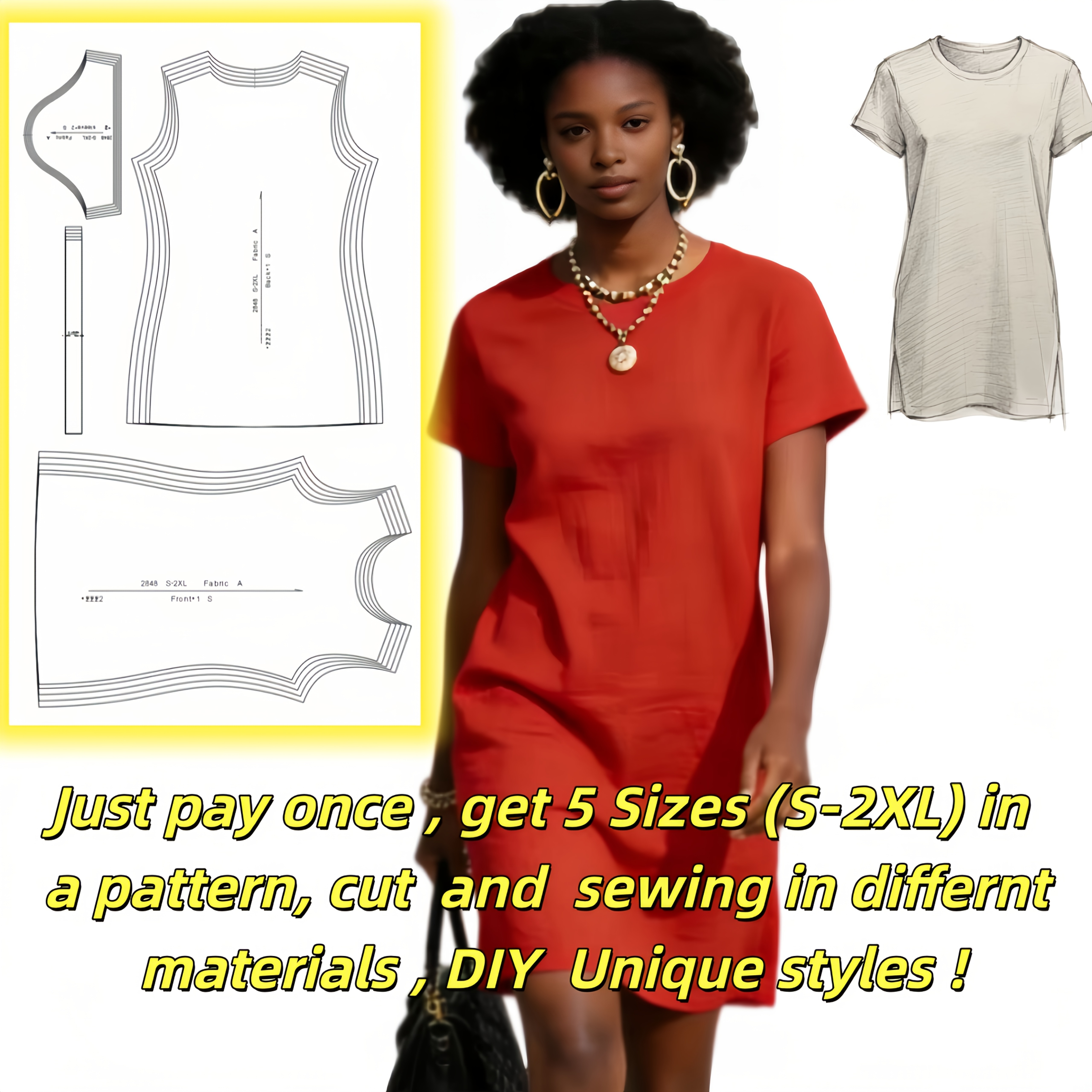 E-shop DIY Kurzarm-Bodycon-Kleid für Damen mit 1:1-Schnittschablonen – Einfaches Nähmuster für Anfänger, Midikleid mit Rundhalsausschnitt in mehreren