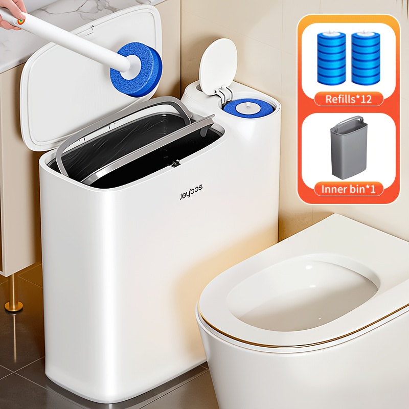 TEMU Bathroom Trash Can With Lid, Includes Disposable Toilet Brush With 12 Pads And Inner Bucket, Quiet-close Press Top Lid, Odor-sealing, Slim