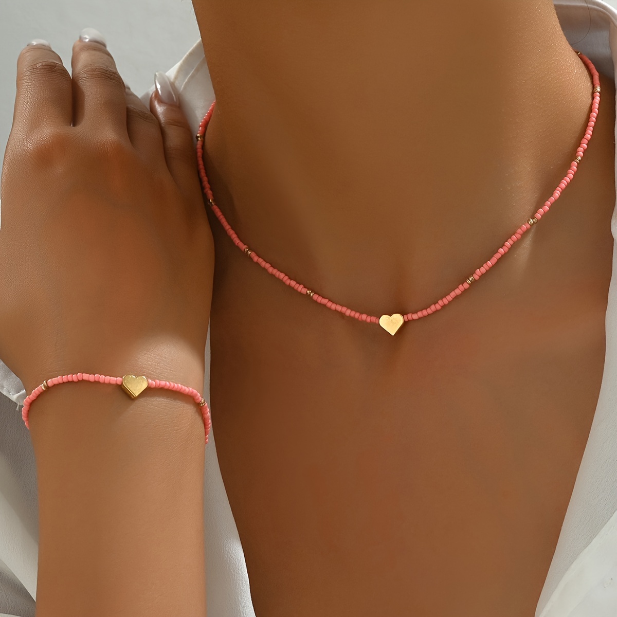 1 Bracelet And 1 Necklace Set, Minimalist Versatile Creative Seed Bead Heart Knit Stretch Jewelry For Teens, Gift And Daily Wear