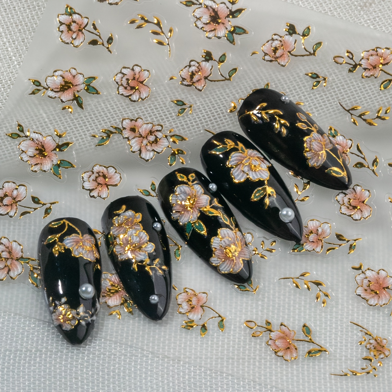 Image of 2-pack Vintage Gold-embossed Rose Nail Stickers | Embroidered Pink Roses And Green Leaves, Self-adhesive, Lightweight Resin, Ideal For Or, Enhances Nail For Daily, Date, And Banquet Occasions