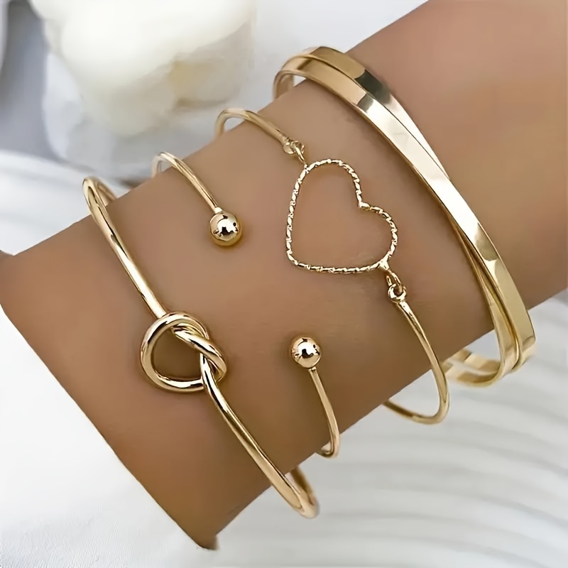 

Elegant & Simple 4-piece Women's Bangle Set With Heart Charm, Iron Crafted Cuff Jewelry For Daily And Party Wear