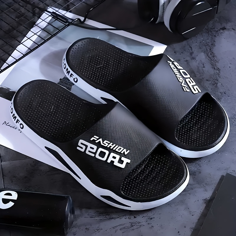 

Men' Alphabet Print Slides, Casual Non Slip Slippers, Open Toe Shoes For Indoor Outdoor Beach Shower, Spring And Summer