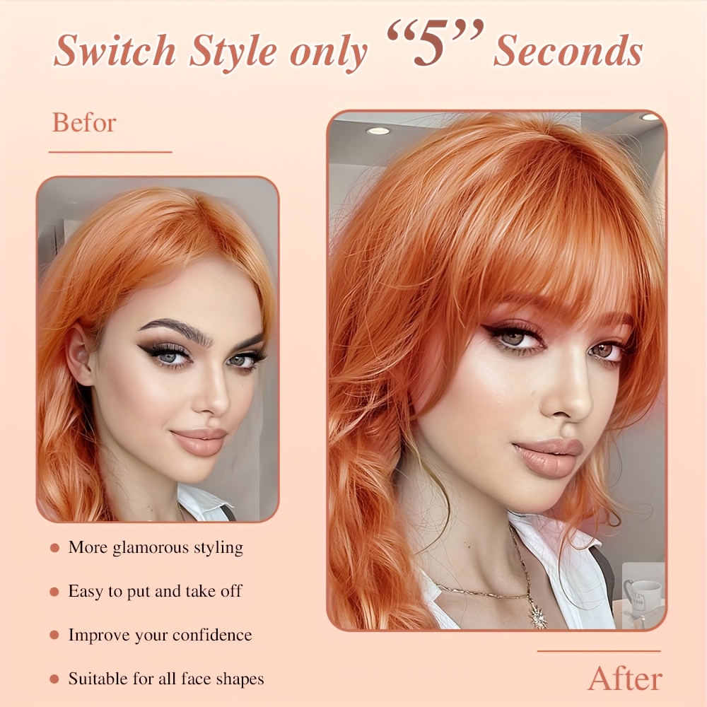   clip in bangs natural looking wispy human hair fringe with tempered hairpieces for women orange color straight style for daily wear elegant hairpiece daily wear hairpiece sleek hairpiece   hairpiece details 1