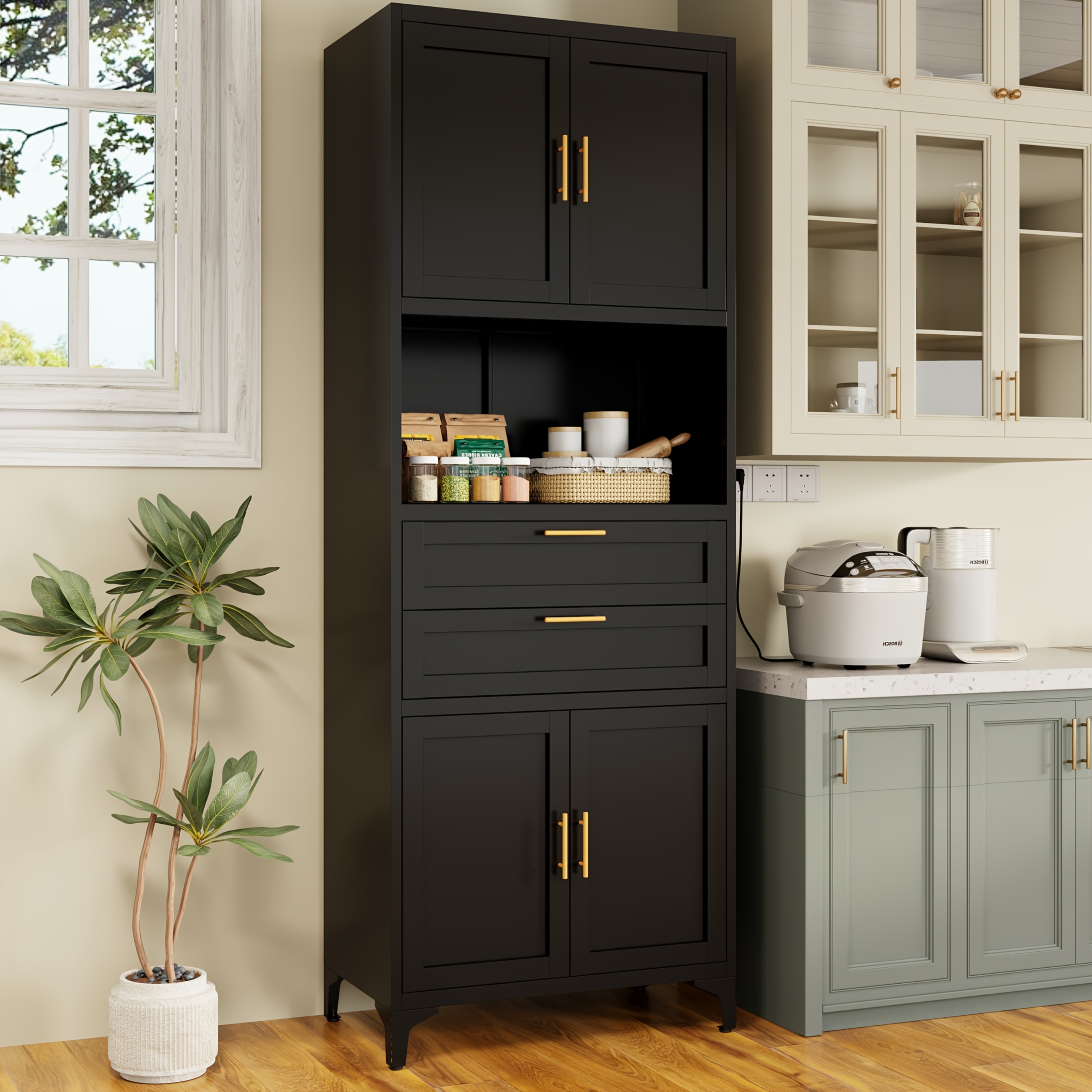 74 8 modern white metal kitchen pantry cabinet with adjustable shelves drawers countertop freestanding storage cupboard for kitchen dining room bathroom living room 3 2 cubic feet capacity kitchen cabinets   elegant handles