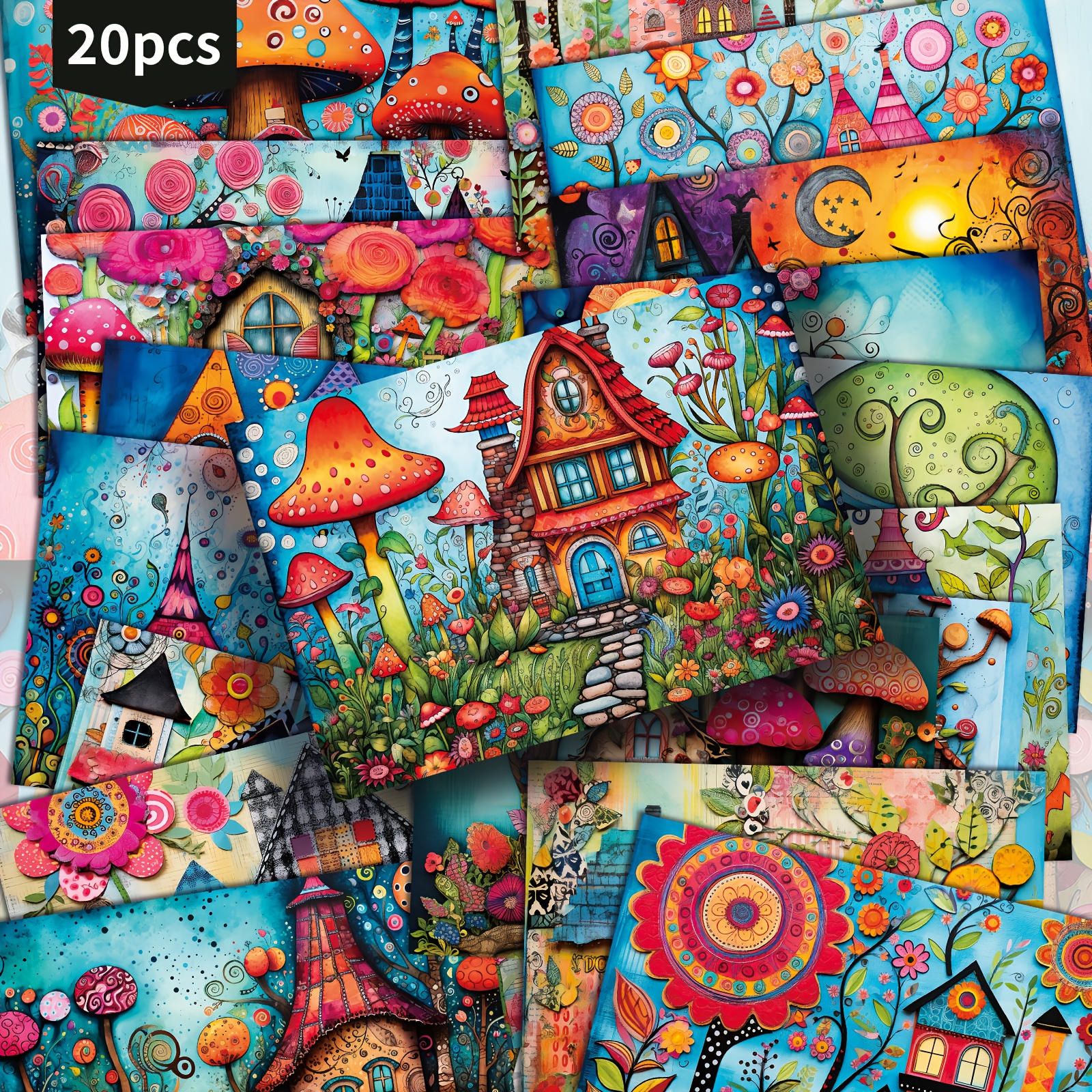 Image of 20-pack Vintage Abstract Colorful House Postcards - 4x6 Inches Retro Junk Journal Paper, Classic Pinup Illustrations, Collectible Decorative Painting Cards For Scrapbooking And Crafting